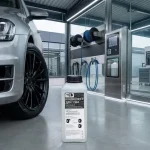 Кондиціонер для гуми та чорніння шин TED Professional біля автомобіля в професійній дітейлінг-студії.
