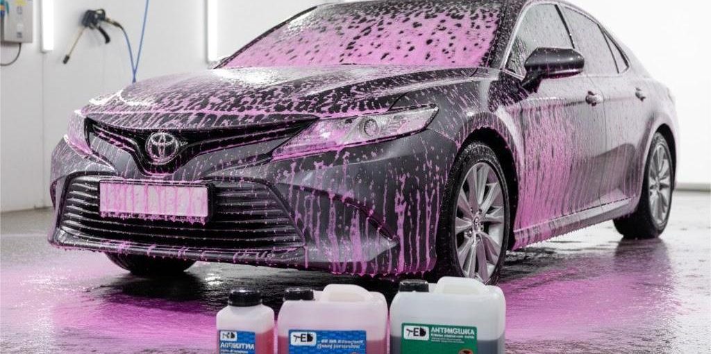 Чи можна мити авто лише піною: процес безконтактної мийки чорної Toyota Camry з використанням рожевої активної піни та автохімії.