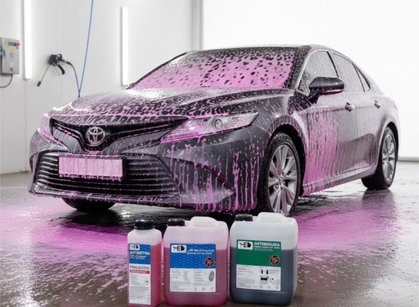 Чи можна мити авто лише піною: процес безконтактної мийки чорної Toyota Camry з використанням рожевої активної піни та автохімії.