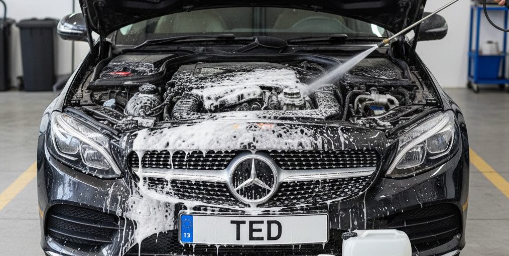 Професійний очищувач двигуна TED Professional: безконтактна мийка моторного відсіку Mercedes активною піною.