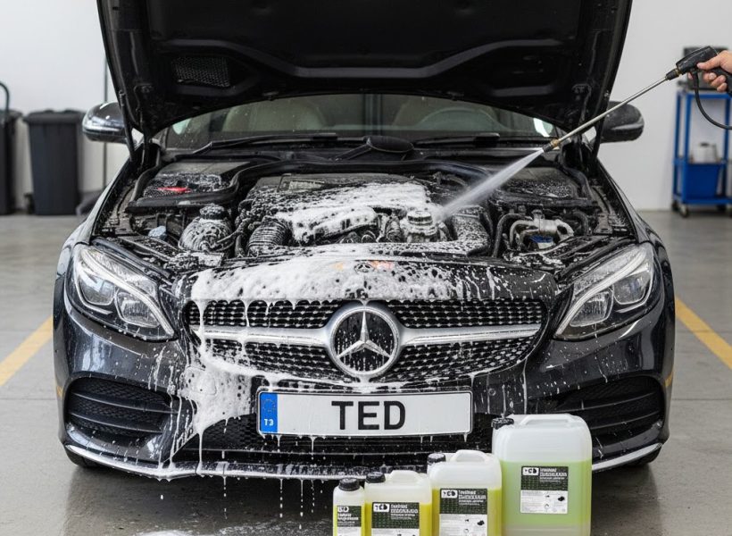 Професійний очищувач двигуна TED Professional: безконтактна мийка моторного відсіку Mercedes активною піною.