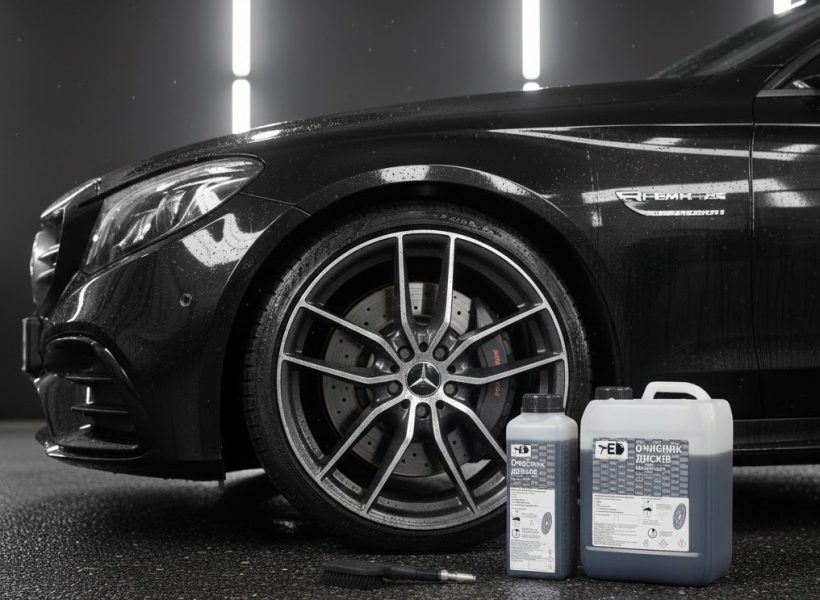 Професійний кислотний очисник дисків TED Professional у каністрі та пляшці поруч із колесом чорного автомобіля в делінг-студії. Процес очищення дисків від гальмівного пилу та іржі.