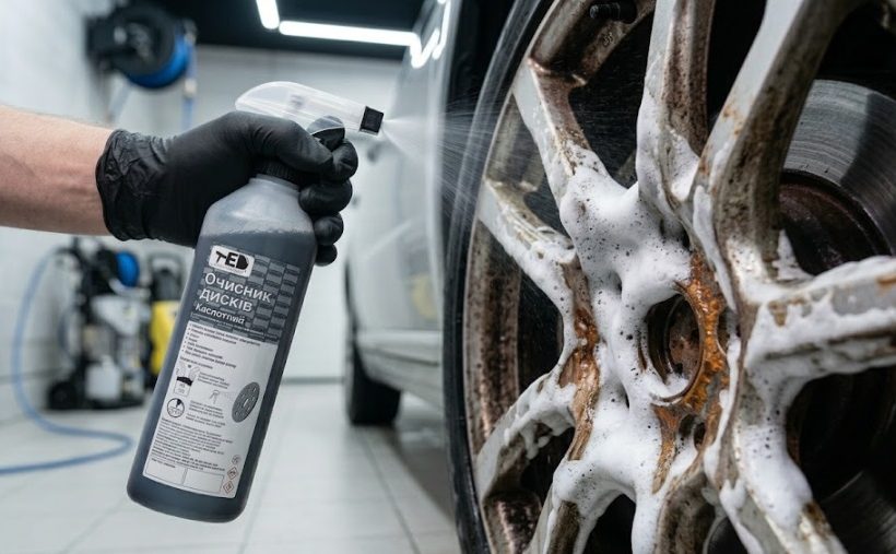 Процес розпилення хімії з флакона TED Professional на забруднене колесо авто. Очисник дисків: кислотний чи нейтральний.
