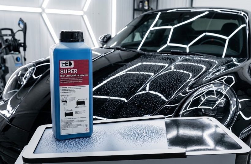 A TED Professional rapid car interior dehumidifier next to a black car in a detailing studio to speed up the drying of the clear coat