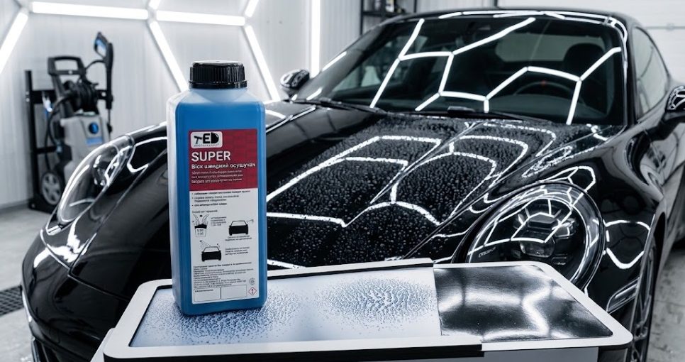 A TED Professional rapid car interior dehumidifier next to a black car in a detailing studio to speed up the drying of the clear coat