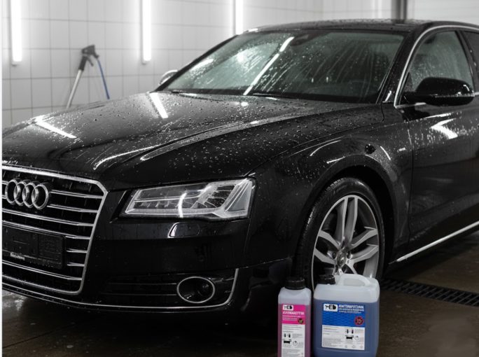 Результат нанесення рідкого воску після миття авто: гідрофобний ефект та дзеркальний блиск на чорному кузові Audi